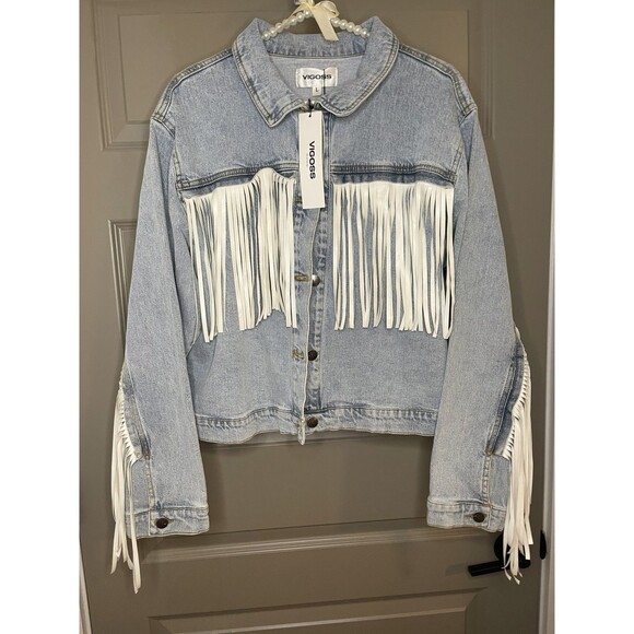 NewW tags BRIDE Denim L Jean Jacket fringe bachelorette party wedding honeymoon - Picture 6 of 14